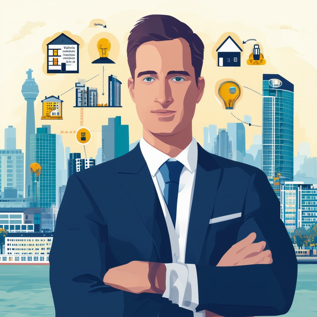 High-quality flat vector illustration of experienced real estate agent Maximilian Ruecker standing in front of modern Frankfurt skyline surrounded by icons representing property valuation expos creation viewing appointments contract conclusion transfer doc