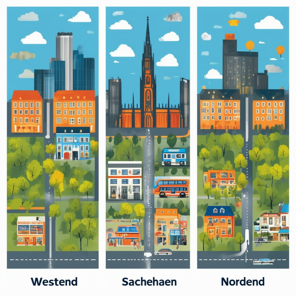 Frankfurt cityscape illustration featuring various neighborhoods including Westend Sachsenhausen Nordend public transportation symbols schools shopping areas parks energy-efficient features highlighting locations impact on property value.