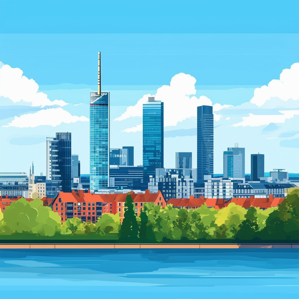 High-quality flat vector illustration of Frankfurts skyline showcasing modern architecture lush greenery and urban lifestyle set against a bright blue sky with fluffy white clouds incorporating the provided Hex colors ffffff ec6707 1398f8 595857 a6a7a8 for