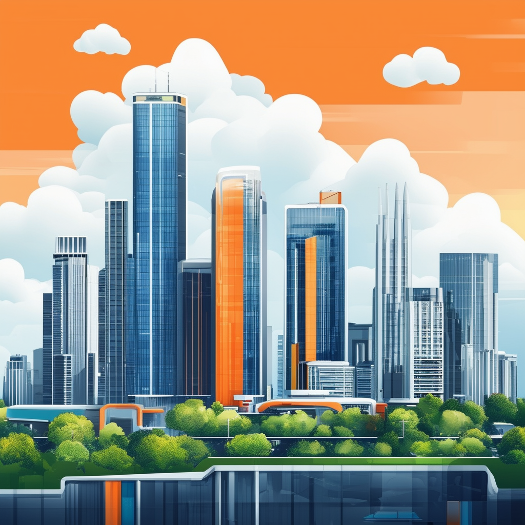 Future cityscape illustration featuring modern skyscrapers green spaces sustainable architecture bright blue sky with fluffy white clouds incorporating Hex colors: White ffffff Orange ec6707 Blue 1398f8 Dark Gray 595857 Light Gray a6a7a8.