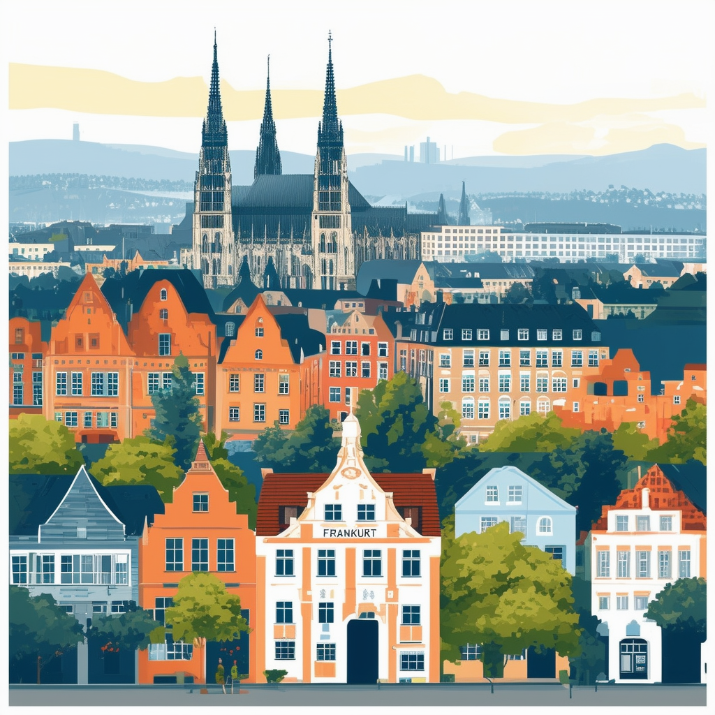 Illustration showing Frankfurts diverse neighborhoods each with its unique character and charm set against a backdrop of urban landscapes from bustling city center to quieter residential areas highlighting the impact of location on property values.