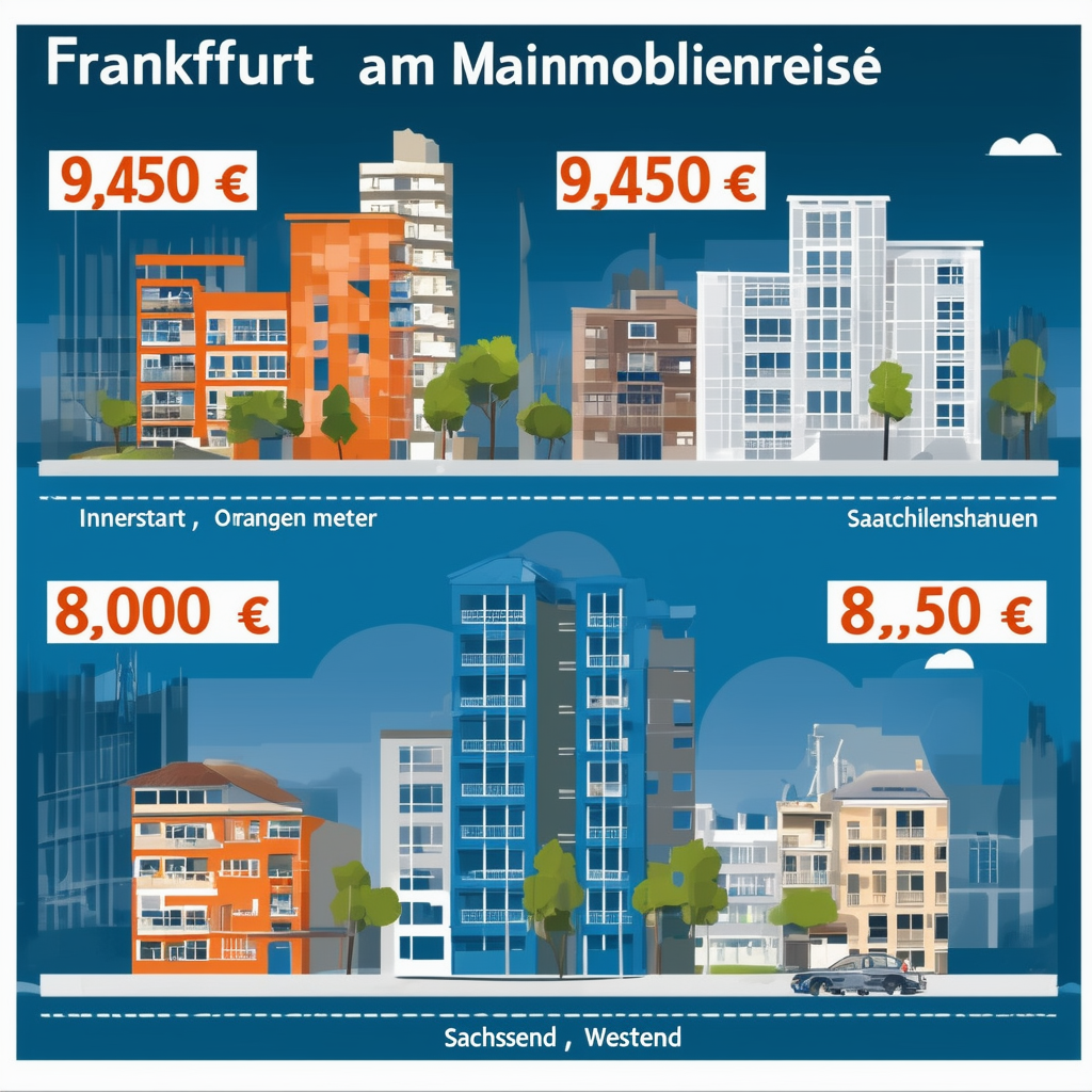 Concise Alt Text: Frankfurt am Mains Immobilienpreise map illustrating diverse neighborhoods with varying price ranges from 9450 per sqm in Innenstadt to 8500 in Sachsenhausen and 9000 in Westend highlighting factors influencing property prices such as eco