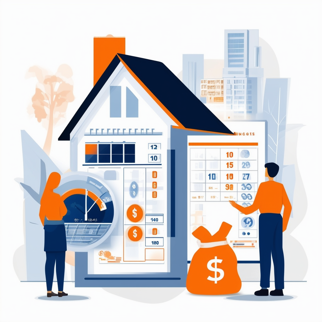Eine ausgewogene und informative Illustration von Immobilientransaktionen mit Fokus auf Daten und Finanzen in Weiss Orange Blau Dunkelgrau und Hellgrau.