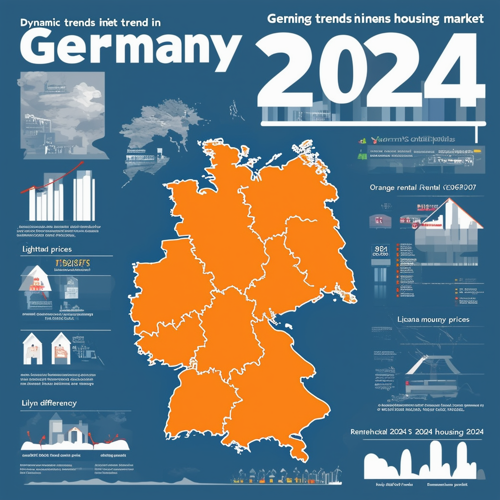 Eine flache Vektorillustration der dynamischen Trends auf dem deutschen Wohnungsmarkt 2024 mit steigenden Mieten regionalen Preisunterschieden und Schluesselfaktoren in Weiss Orange Blau Dunkelgrau und Hellgrau.