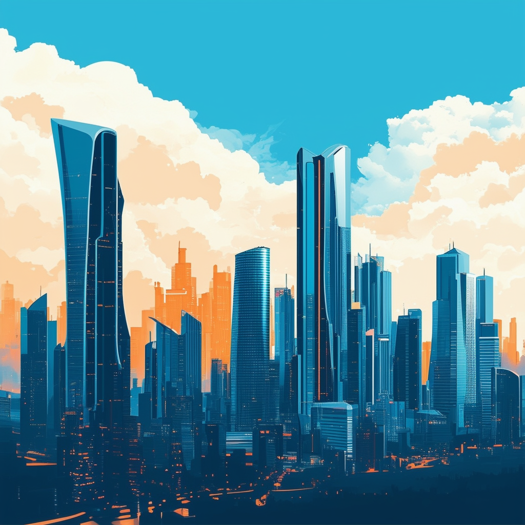 Future Cityscape Illustration: A futuristic metropolis with modern architecture sleek skyscrapers and vibrant colors set against a bright blue sky with white clouds featuring Hex colors White ffffff Orange ec6707 Blue 1398f8 Dark Gray 595857 Light Gray a6a