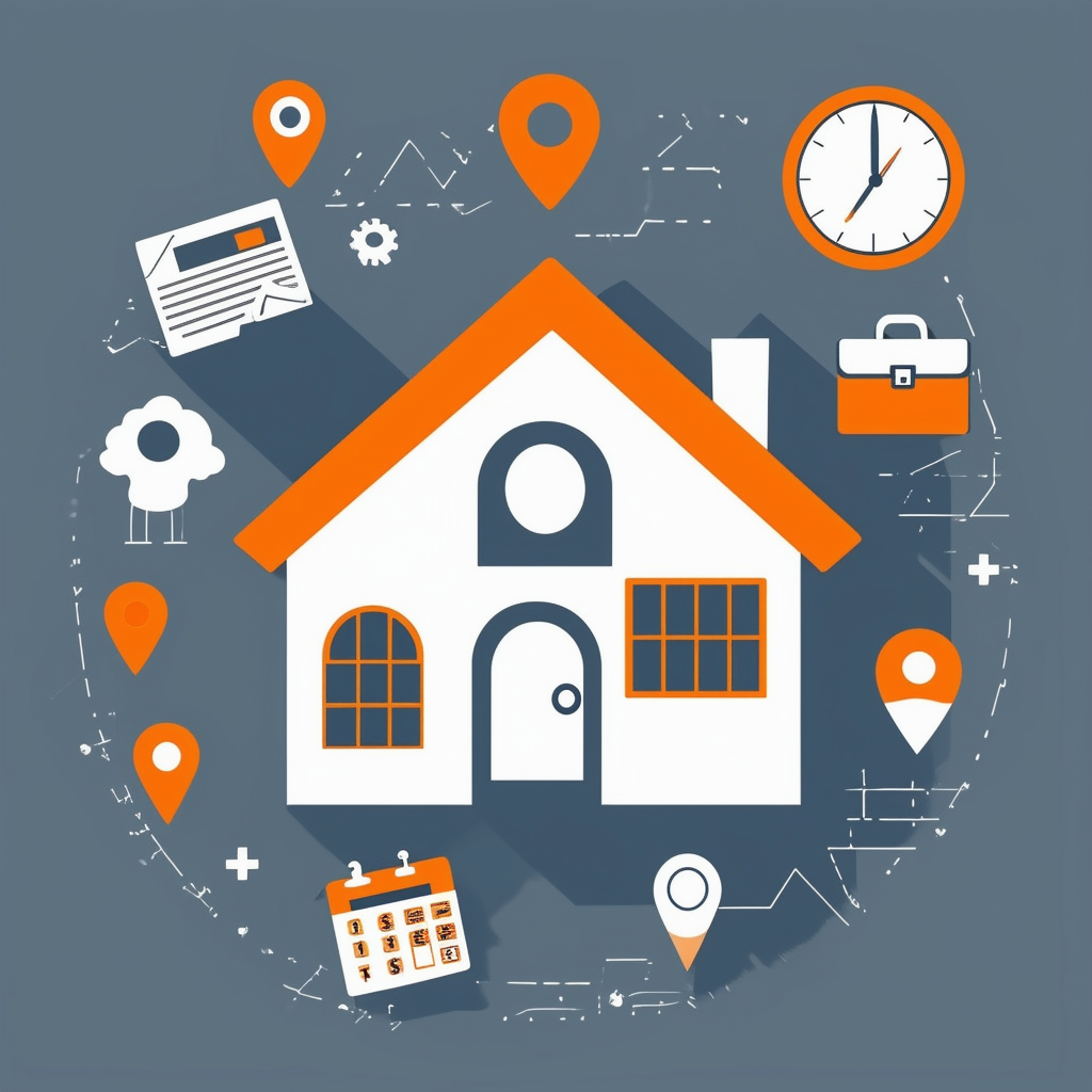 Property Management Illustration: A serene house with keyhole surrounded by icons for contracts financial calculations location markers timely deadlines briefcase calculator map pin clock White ffffff Orange ec6707 Blue 1398f8 Dark Gray 595857 Light Gray a