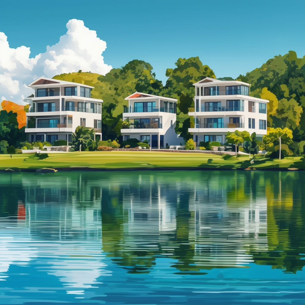 Luxurious apartment complex with serene lake view surrounded by lush greenery showcasing accurate property valuation for vacation rentals featuring modern architecture Hex colors: White ffffff Orange ec6707 Blue 1398f8 Dark Gray 595857 and Light Gray a6a8.