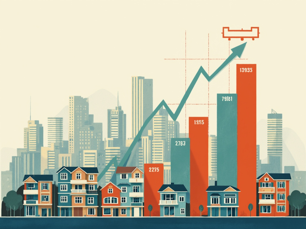 Minimalistische Illustration einer Stadtsilhouette mit Balkendiagrammen die Preisschwankungen im Immobilienmarkt 2025 zeigen.