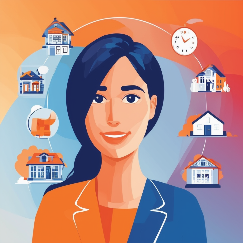 Professional real estate agent in Frankfurt am Main surrounded by icons representing market knowledge time-saving negotiation skills and legal security set against a gradient background with hex colors: White ffffff Orange ec6707 Blue 1398f8 Dark Gray 5958