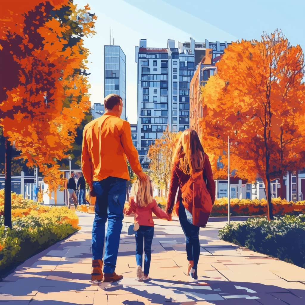 Expert Frankfurt Real Estate Agent Immobilienmakler guiding a couple through modern apartment complex in Frankfurts city center with iconic Roemerberg square visible in the background surrounded by lush greenery and vibrant street art.