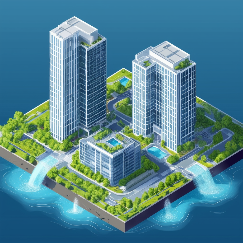 High-quality futuristic cityscape illustration featuring a prominent building at its center surrounded by lush greenery and water features emphasizing the importance of precise evaluation for commercial properties like office buildings warehouses or retail