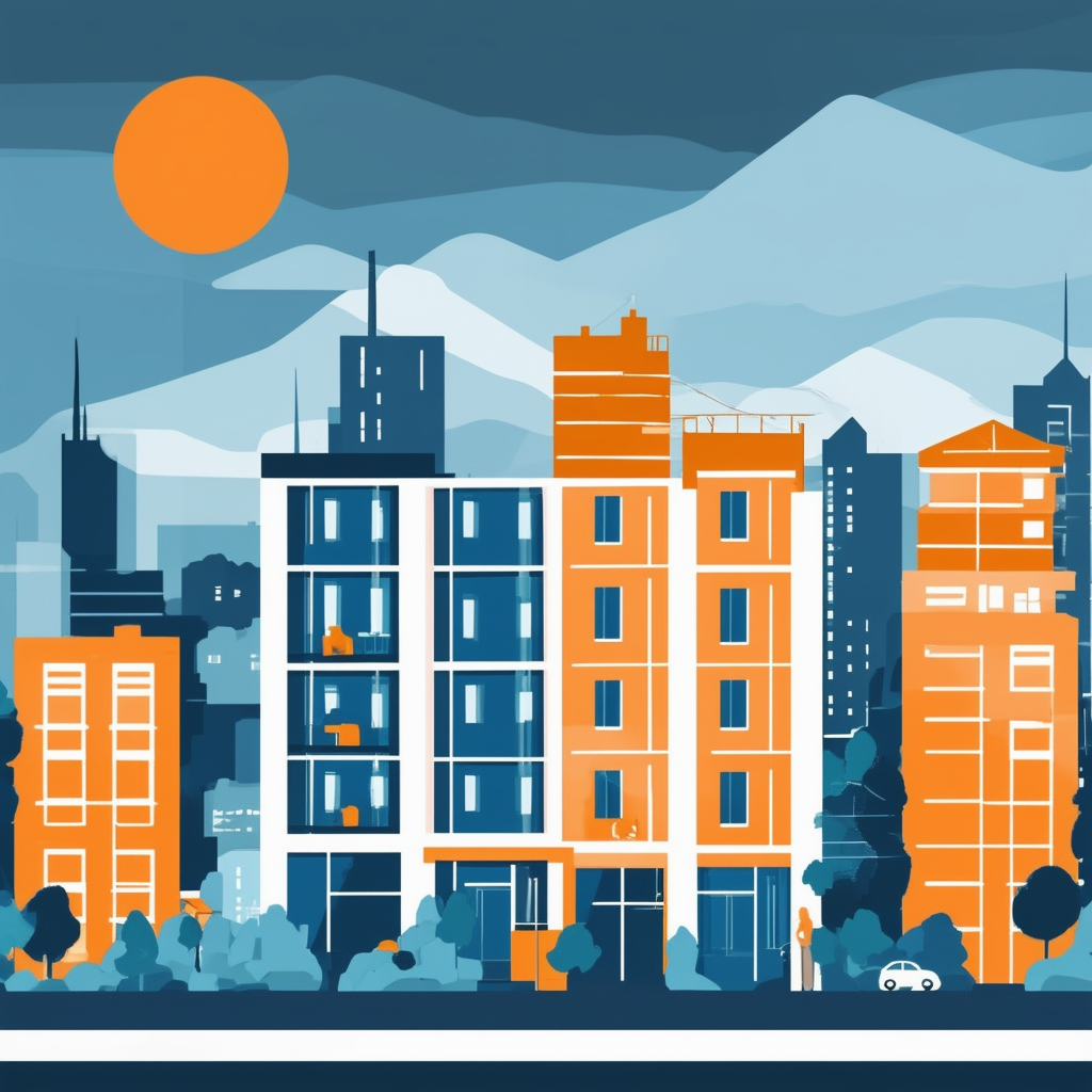 Urban landscape illustration highlighting investment costs for real estate investments including purchase price taxes fees maintenance expenses modern architecture bright colors: White ffffff Orange ec6707 Blue 1398f8 Dark Gray 595857 Light Gray a6a7a8.