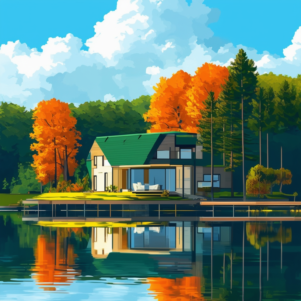 Modern eco-friendly house with green roof surrounded by lush trees and serene lake view set against a bright blue sky with fluffy white clouds incorporating earthy tones: White ffffff Orange ec6707 Blue 1398f8 Dark Gray 595857 Light Gray a6a7a8.