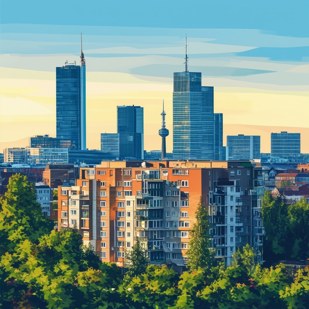 High-quality flat vector illustration showcasing Frankfurts skyline with prominent residential building in foreground surrounded by lush greenery and vibrant colors ec6707 1398f8 595857 a6a7a8 ffffff conveying modernity comfort tranquility perfect for succ