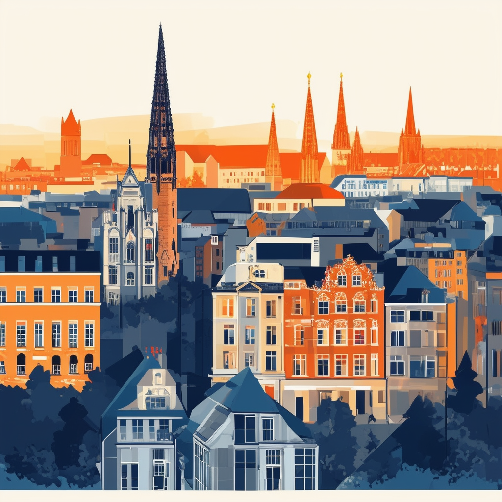 Iconic Frankfurt skyline featuring historic landmarks like Roemerberg square vibrant orange accents blue hues white typography and dark gray shading set against a light gray background.