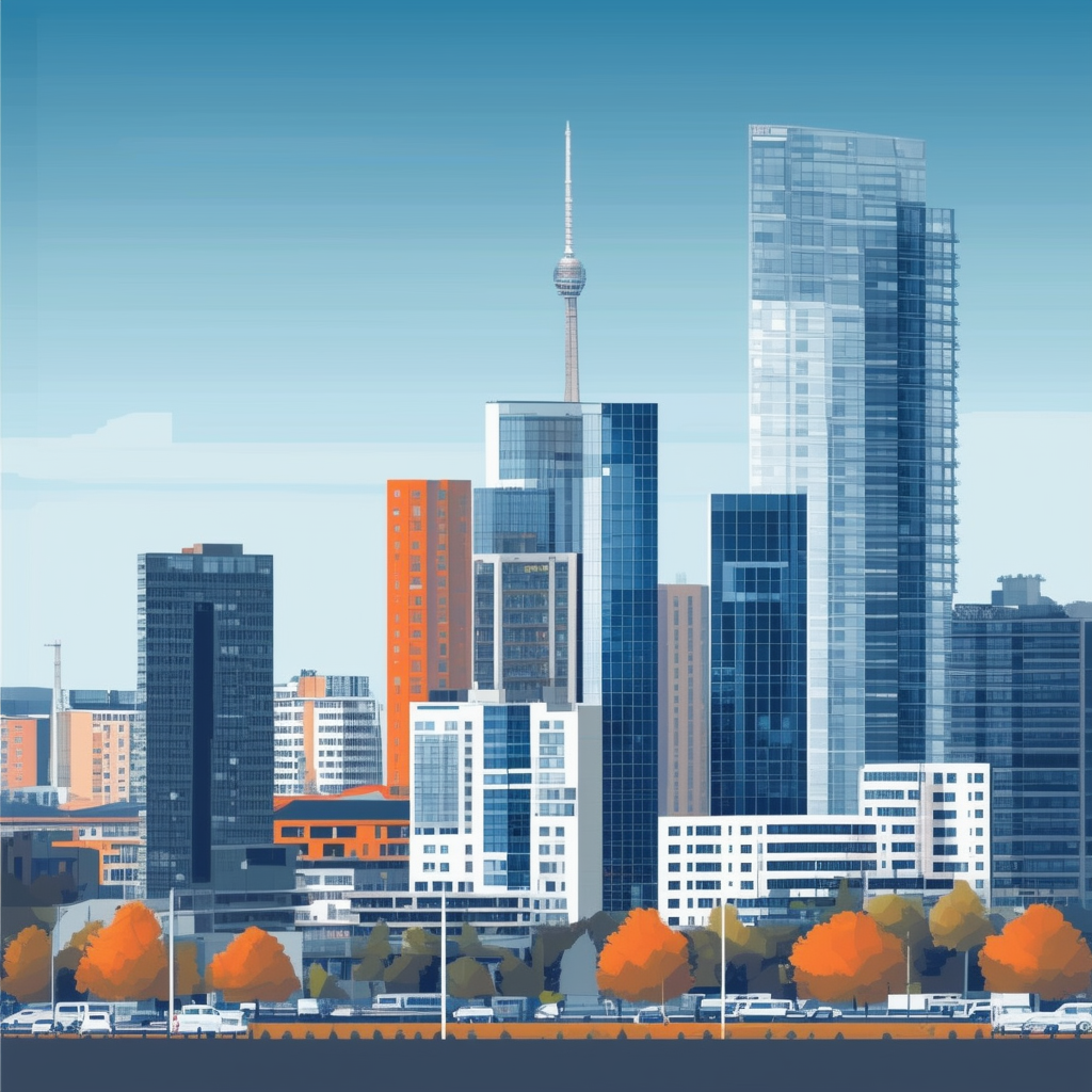 High-quality flat vector illustration of Frankfurts commercial property market featuring modern office spaces with flexible work environments highlighting the citys central location and economic strength utilizing hex colors: White ffffff Orange ec6707 Blu