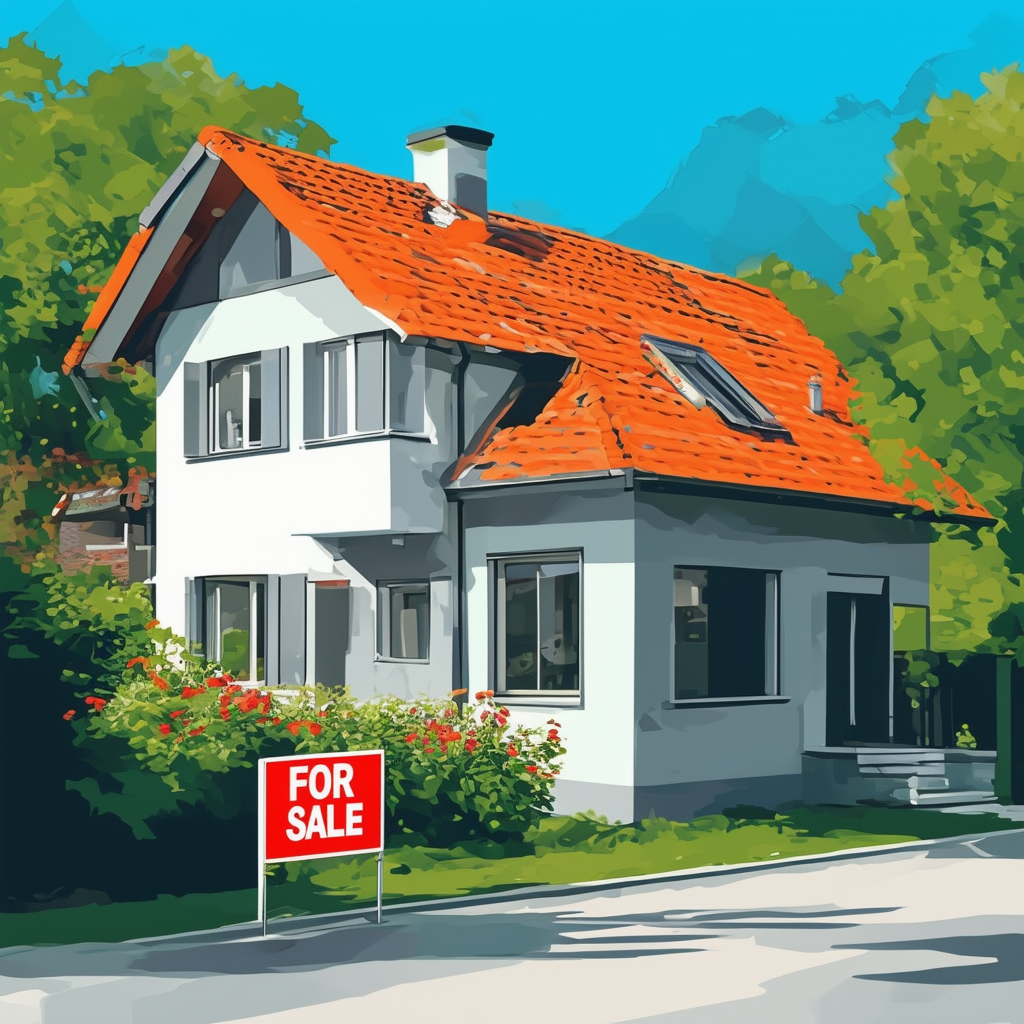 Luxurious house for sale in Frankfurt am Main Germany surrounded by lush greenery under a bright blue sky featuring an eye-catching For Sale sign with bold orange accents set against crisp white walls dark gray roof tiles and light gray trim details convey