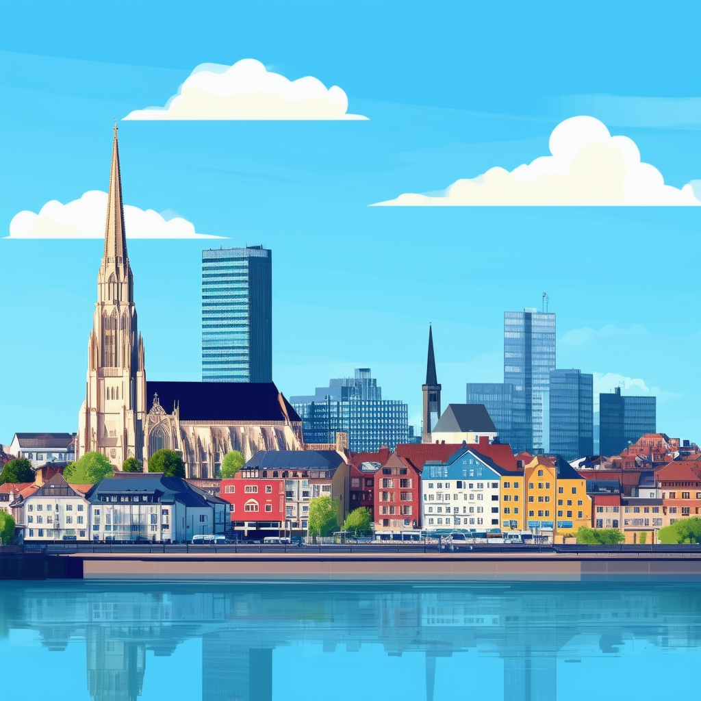 Professional Property Valuation: Frankfurt Skyline Illustration - Modern Architecture Industrial Properties Residential Buildings Office Spaces Frankfurt Cathedral Roemerberg Main River Bright Blue Sky Subtle Cloud Formations.