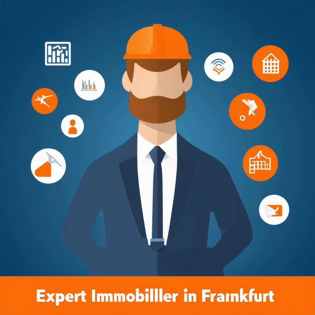 Professional Immobilienmakler in Frankfurt am Main expertly guiding clients through market analysis marketing strategies negotiations and contract execution surrounded by icons representing key aspects of the real estate industry set against a gradient bac