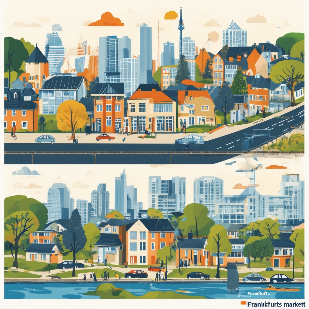 High-quality flat vector illustration showcasing Frankfurts housing market featuring various elements like houses buildings streets people cars trees parks rivers bridges and cityscapes. Incorporating provided Hex color codes: White ffffff Orange ec6707 Bl