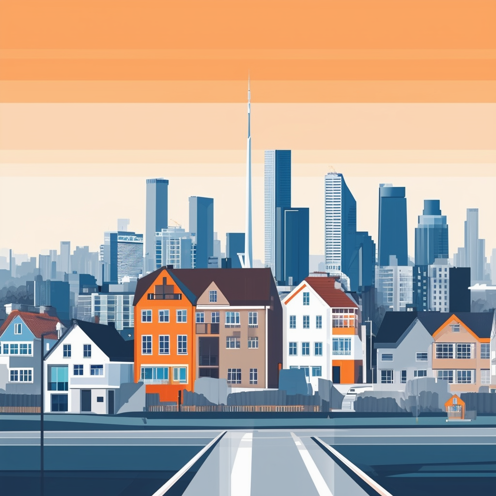 Modern house sale process illustration set against Frankfurts skyline featuring iconic buildings like the Main Tower with a bright orange accent color ec6707 white text overlays blue navigation elements 1398f8 dark gray outlines 595857 and light gray backg