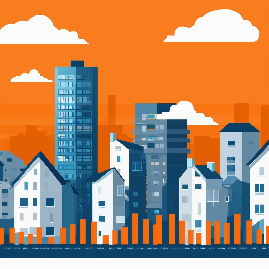 Eine Illustration der steigenden Immobilienpreise in Deutschland die Urbanisierung und demografische Veraenderungen zeigt mit Farben in Weiss Orange Blau Dunkelgrau und Hellgrau.