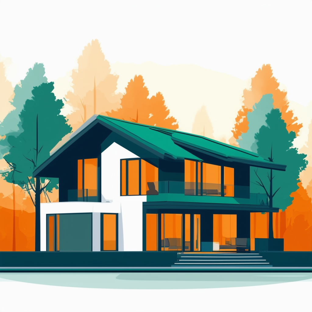 High-quality vector illustration of Frankfurt house being rented out emphasizing market analysis attractive expos credit checks for potential tenants modern German-style house with green roof surrounded by trees gradient effect in White ffffff Orange ec670