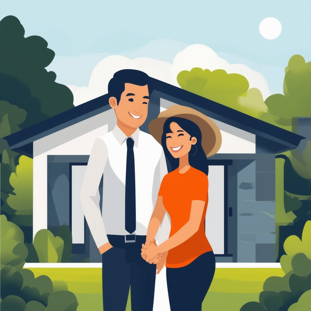 Successful Real Estate Transaction: A modern house surrounded by trees and a sunny sky with a smiling couple holding hands in front of an open door symbolizing their new home.