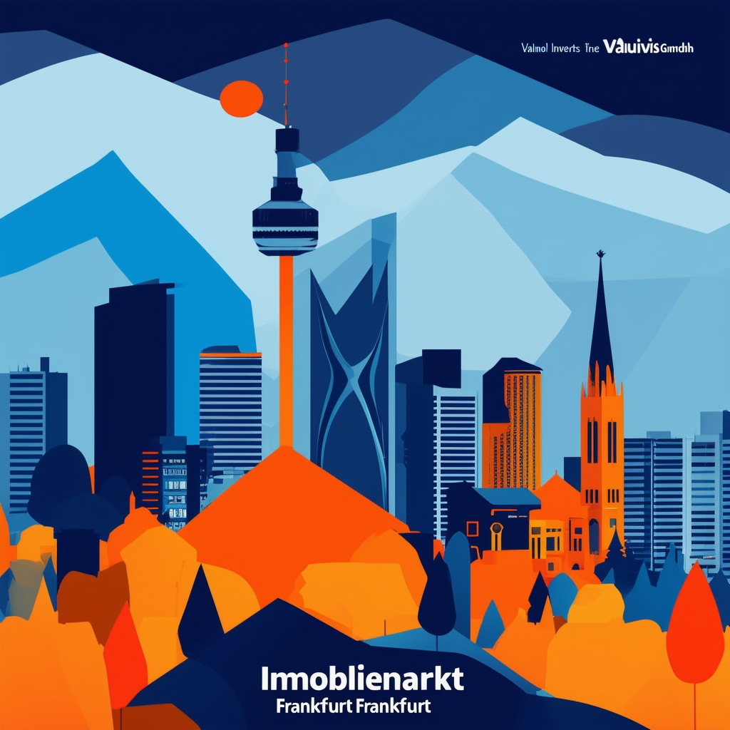 High-quality vector illustration of Immobilienmarkt Frankfurt showcasing a dynamic market scene with rising property prices investors seeking opportunities and Valuvis GmbH providing expert services for buyers and sellers. The image features a stylized rep