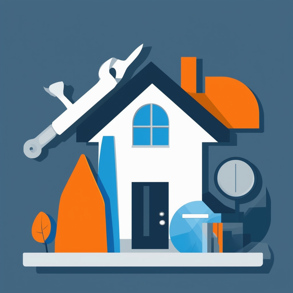 Eine moderne Illustration von Immobilientools die Effizienz steigern mit einem professionellen Design in Weiss Orange Blau und Grautoenen.