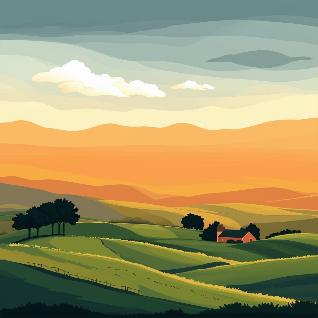 Serene rural landscape with rolling hills green pastures distant farmhouse soft white clouds warm orange sunset sky dark gray tree silhouettes.