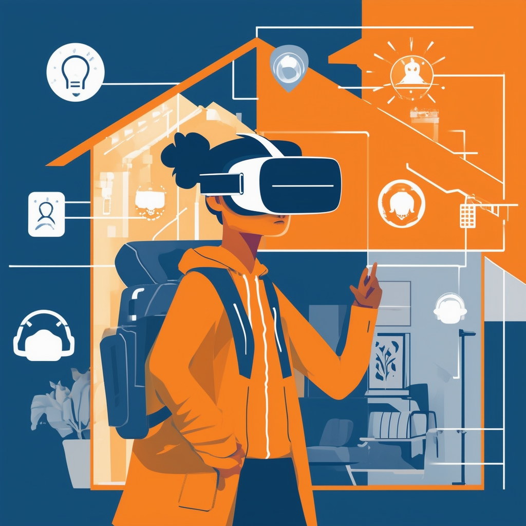 Eine flache Vektorillustration einer Person die VR-Brillen verwendet um eine digitale Darstellung eines Hausinneren zu erkunden umgeben von Symbolen fuer Technologie und Effizienz. Farbpalette: Weiss Orange Blau Dunkelgrau Hellgrau.