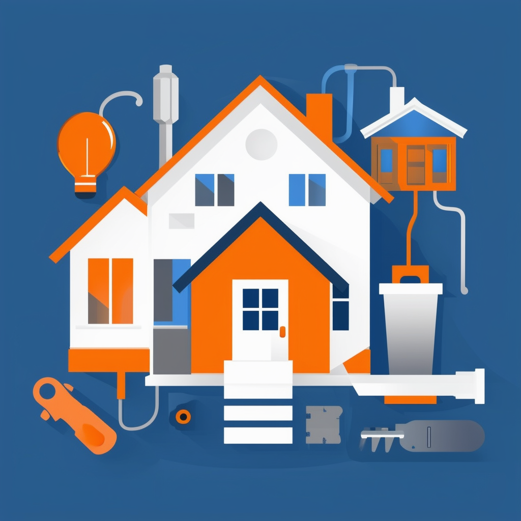 Eine moderne Illustration von Immobilientechnologie-Tools in Weiss Orange Blau und Grautoenen.