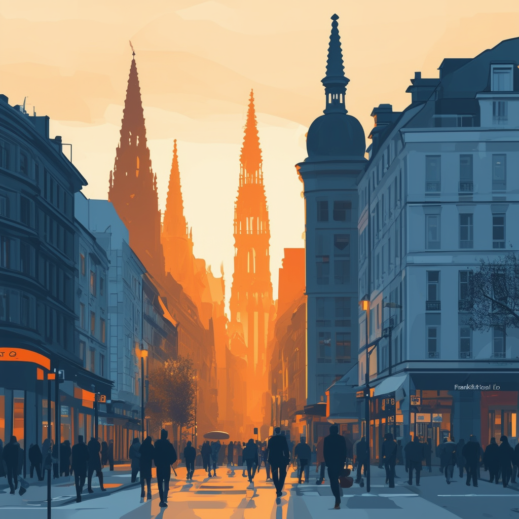 High-quality flat vector illustration showcasing Frankfurt cityscape with prominent building in foreground surrounded by bustling streets and people going about their daily lives symbolizing dynamic urban environment where experienced real estate agent pla