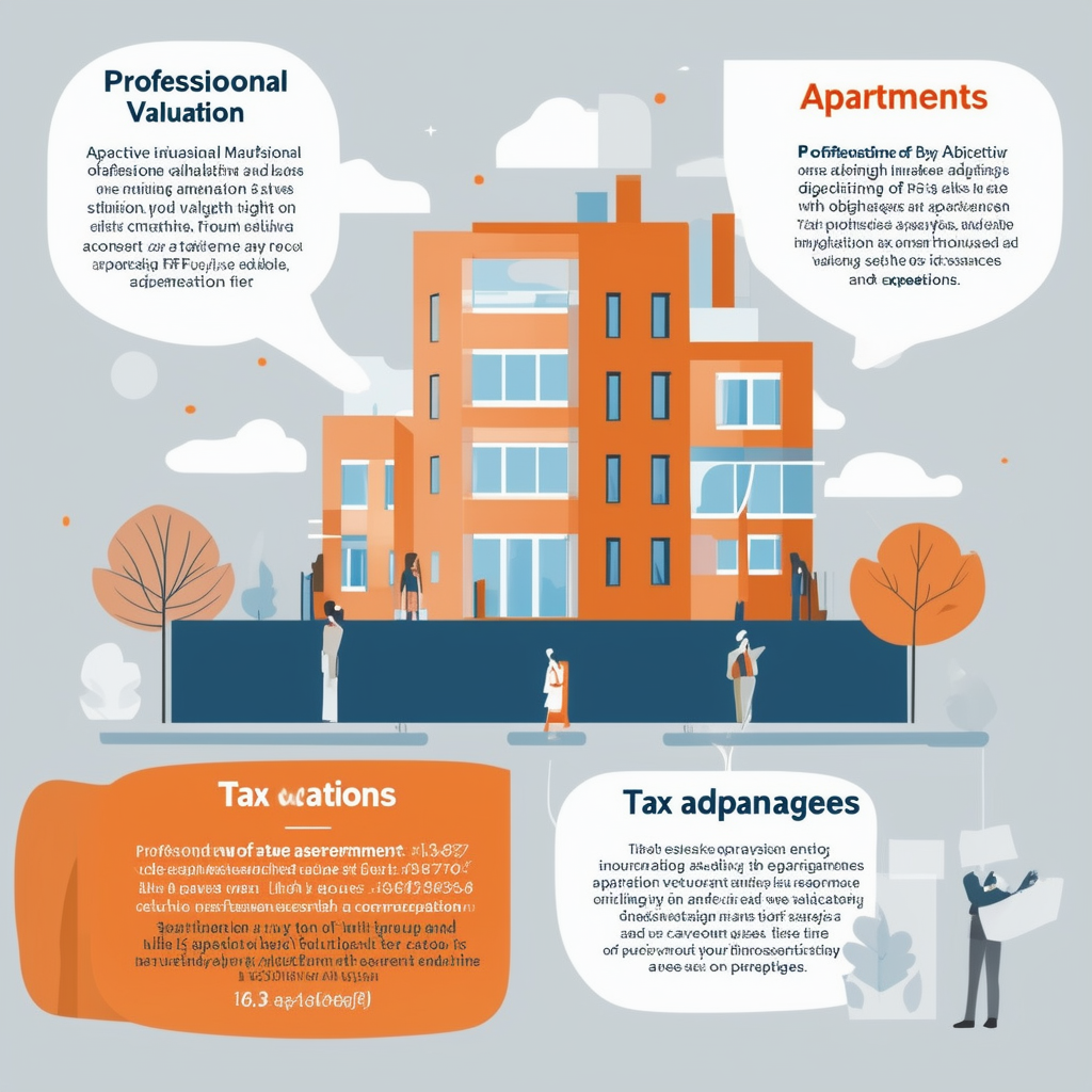 Professional apartment valuation illustration: objective market value assessment thorough analysis comparisons tax advantages calming colors: White ffffff Orange ec6707 Blue 1398f8 Dark Gray 595857 Light Gray a6a7a8 conveying trustworthiness expertise sere