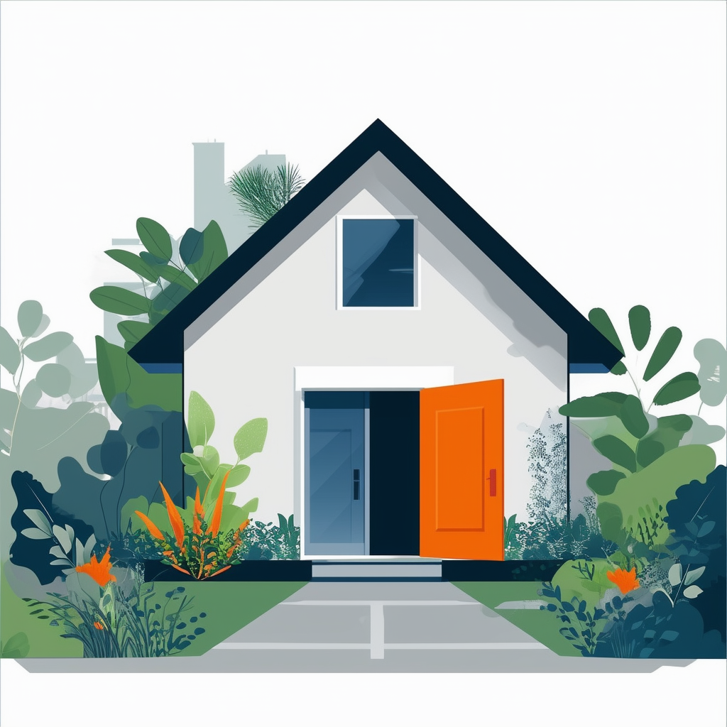 Moderner Wohnhaus mit offener Tuer umgeben von gruener Vegetation verdeutlicht die Bedeutung genauer Immobilienbewertungen fuer Kaeufer und Verkaeufer mit White ffffff Orange ec6707 Blau 1398f8 dunklem Grau 595857 hellem Grau a6a7a8.