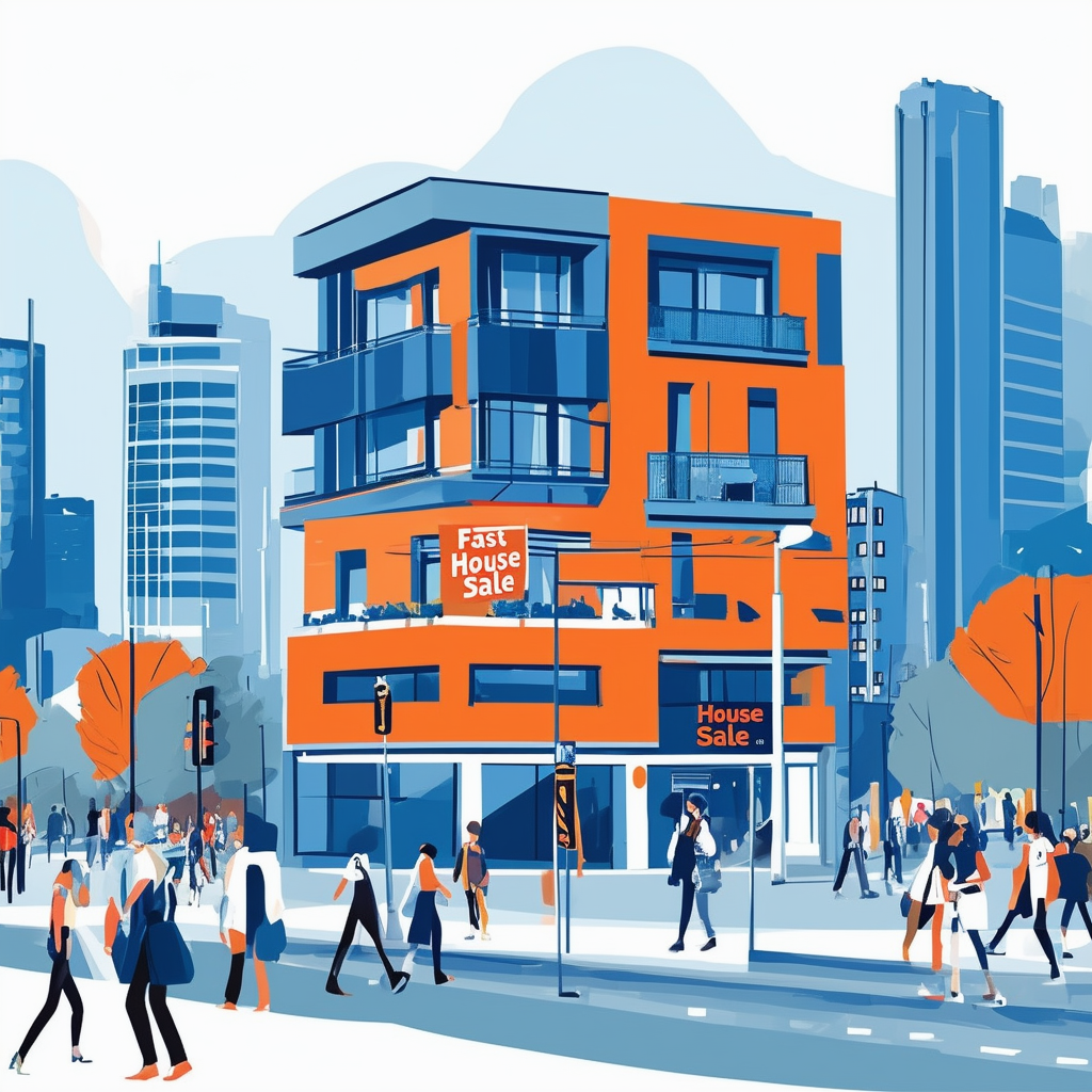 Modern cityscape illustration featuring prominent building for sale sign in Frankfurt am Main Germany with bustling streets and people going about their daily lives conveying the theme of Fast House Sale through bright colors such as White ffffff Orange ec