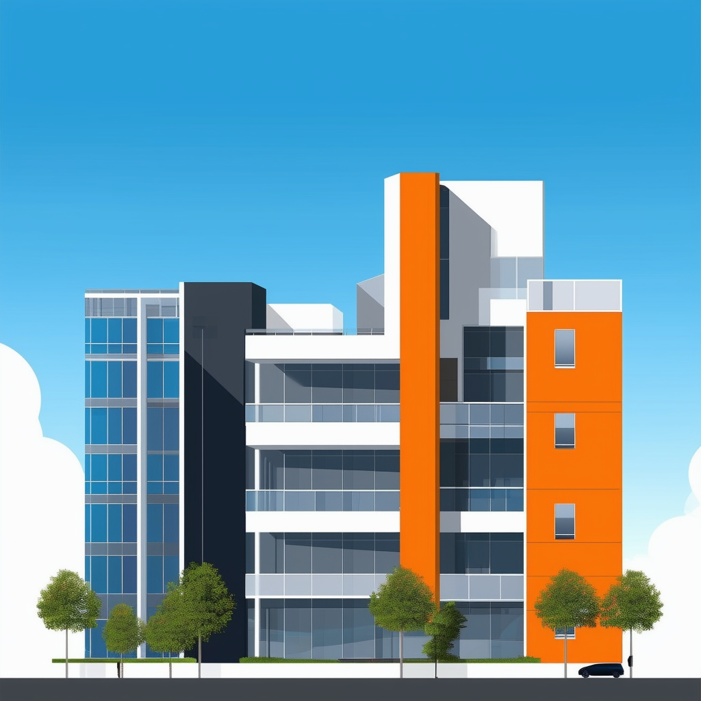 Moderner Architekturansatz mit nachhaltigen Elementen und zeitgemaessem Design vor einem hellblauen Himmel akzentiert durch Weiss ffffff Orange ec6707 Blau 1398f8 dunkelgrau 595857 und hellem Grau a6a7a8.