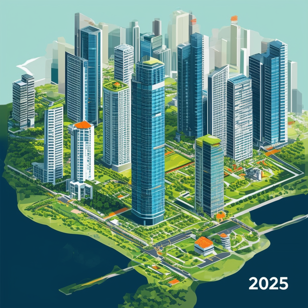 Future urban landscape with modern skyscrapers green spaces sustainable architecture symbolizing growth and development in the housing market by 2025 incorporating Hex colors: White ffffff Orange ec6707 Blue 1398f8 Dark Gray 595857 Light Gray a6a7a8.