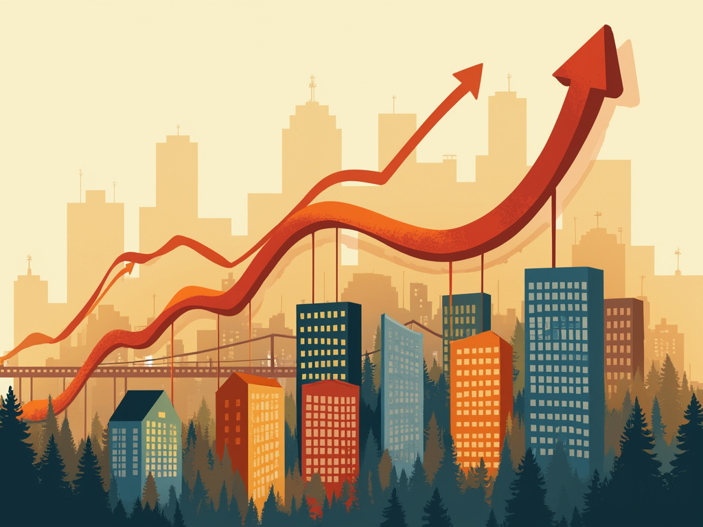 Alt Text: Stylisierte Stadtansicht mit Gebaeuden und aufsteigenden Pfeilen die steigende Immobilienwerte in Blau Orange und Grau darstellen.