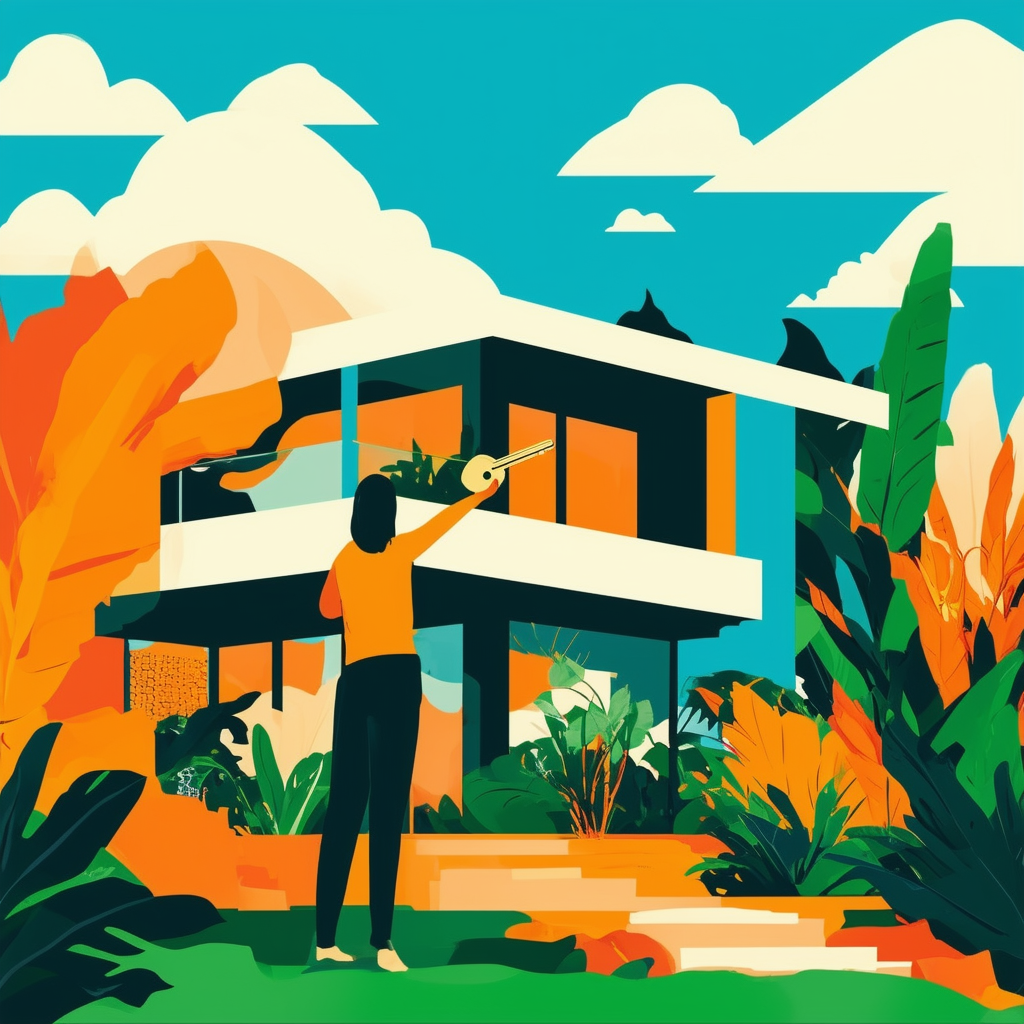 Key holder standing in front of modern house with green garden surrounded by abstract shapes representing growth stability success set against bright blue sky with white clouds accented by orange highlights dark gray outlines light gray shading.