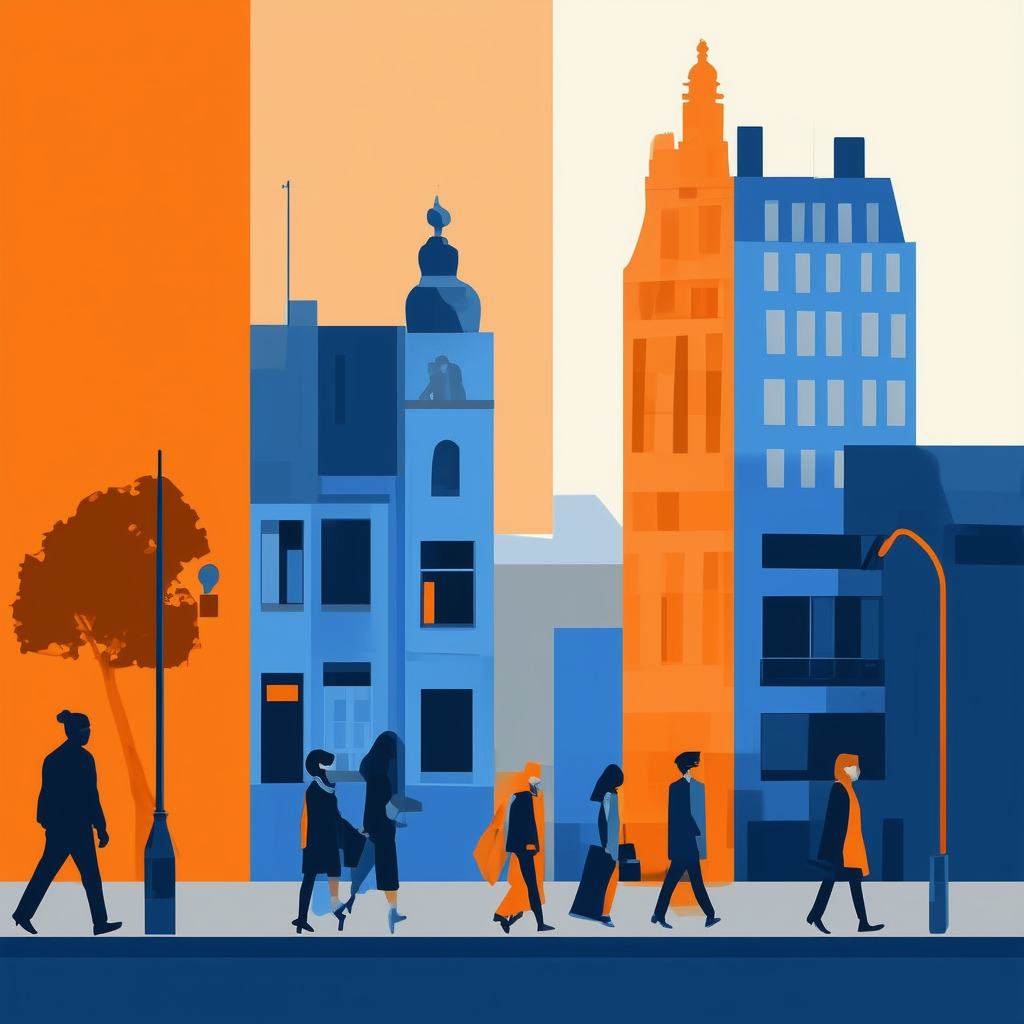 Illustration von Immobilienpreisen in der Frankfurter Innenstadt mit einer subtilen Gradienteneffekt die die Farben ec6707 Orange 1398f8 Blau a6a7a8 Lichtgrau 595857 Dunkelgrau und ffffff Weiss integriert. Die Illustration zeigt abstrakte Formen die Gebaeu