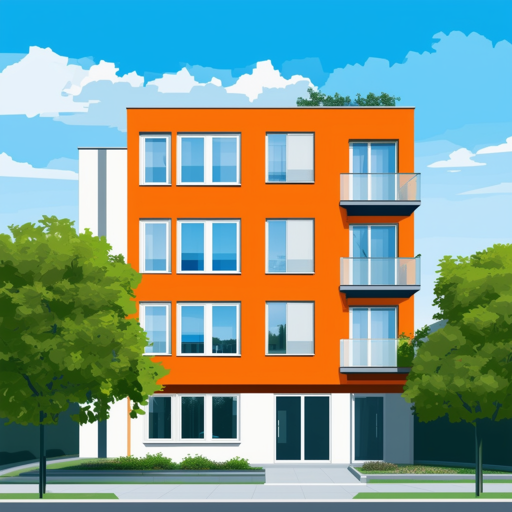 Modern Apartment Building in Frankfurt am Main: Bright Orange Accent Wall White Windows Blue Sky Above Surrounded by Lush Greenery Effective Sales Strategies Timely Planning Targeted Marketing Expert Guidance from Valuvis GmbH.