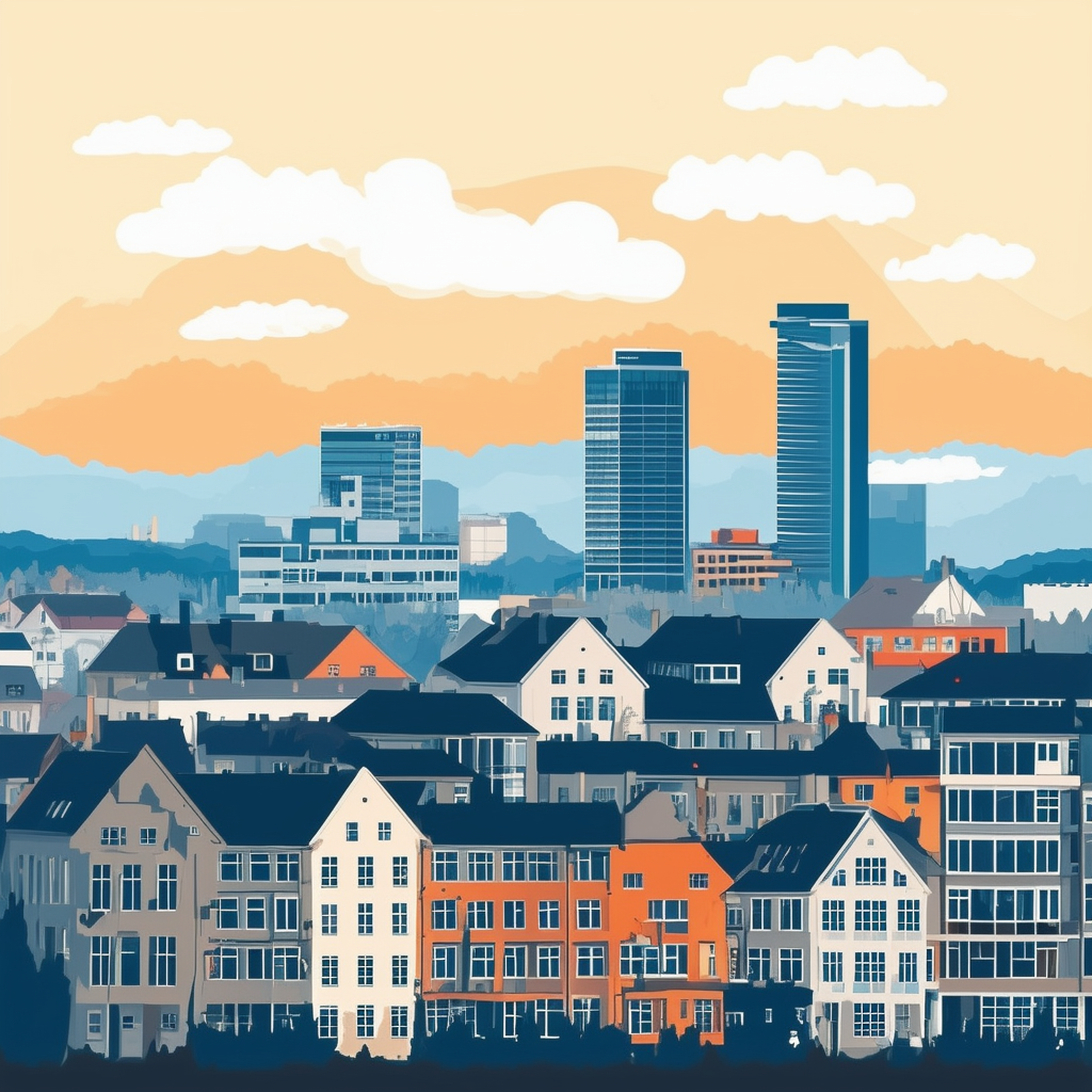 High-quality flat vector illustration of Frankfurt cityscape featuring modern architecture blending residential and commercial buildings against a bright blue sky with fluffy white clouds incorporating Hex color codes: White ffffff Orange ec6707 Blue 1398f