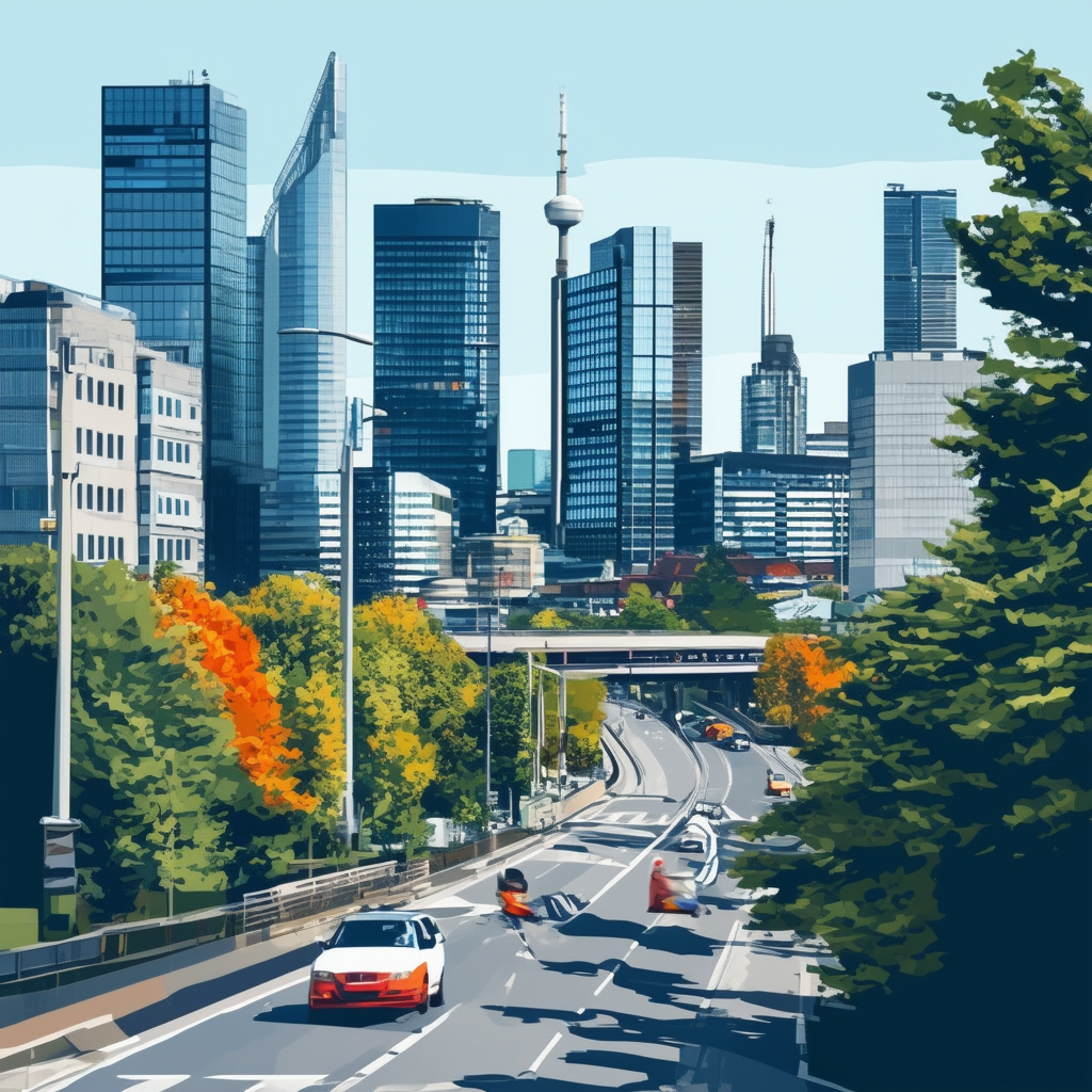 Moderner Frankfurt Skyline mit leuchtenden Gebaeuden und gruenen Anlagen belebt von Menschen und Autos in einem farbenfrohen Mix aus Weiss ffffff Orange ec6707 Blau 1398f8 dunklem Grau 595857 und hellem Grau a6a7a8.