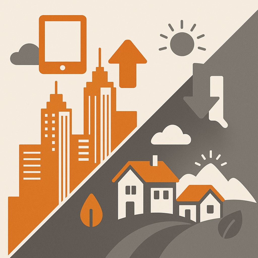 Städtische Skyline und ländliche Häuser mit Pfeilen, Tablet und grünem Blatt, Symbol für Immobilienmarkt, Digitalisierung, Nachhaltigkeit.
