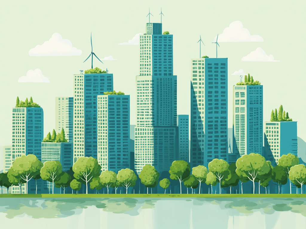 Minimalistische Illustration einer Stadtansicht mit energieeffizienten Gebauden und Grunflachen symbolisiert nachhaltige Immobilieninvestitionen 2025.