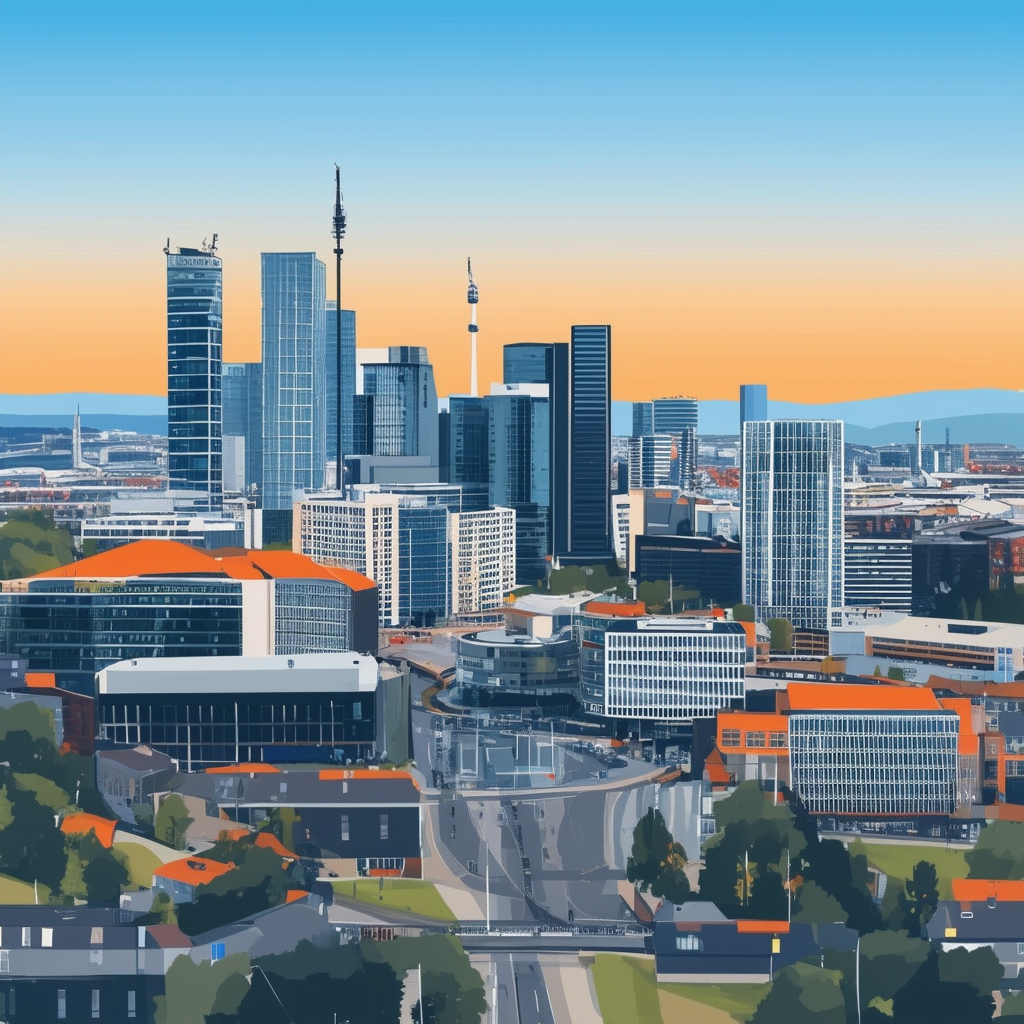 Frankfurter Skyline mit modernen Buerogebaeuden: eine flache Vektor-Illustration die den wirtschaftlichen Bedeutung von Frankfurt am Main in Deutschland widerspiegelt. Frankfurt skyline with modern office buildings: a flat vector illustration that reflects