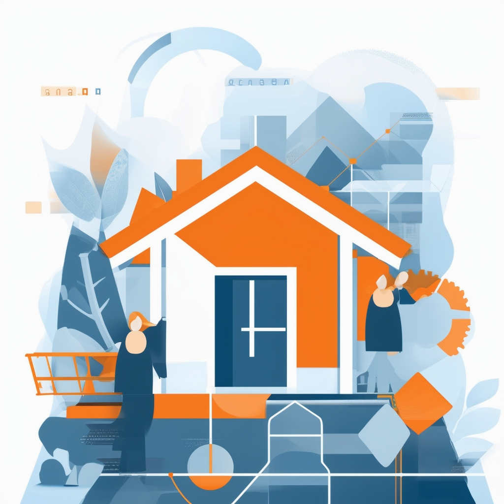 Konzepte und Methoden der Immobilienbewertung: Ausgewogene Vektorillustration in Weiss Orange Blau und Grautoenen.