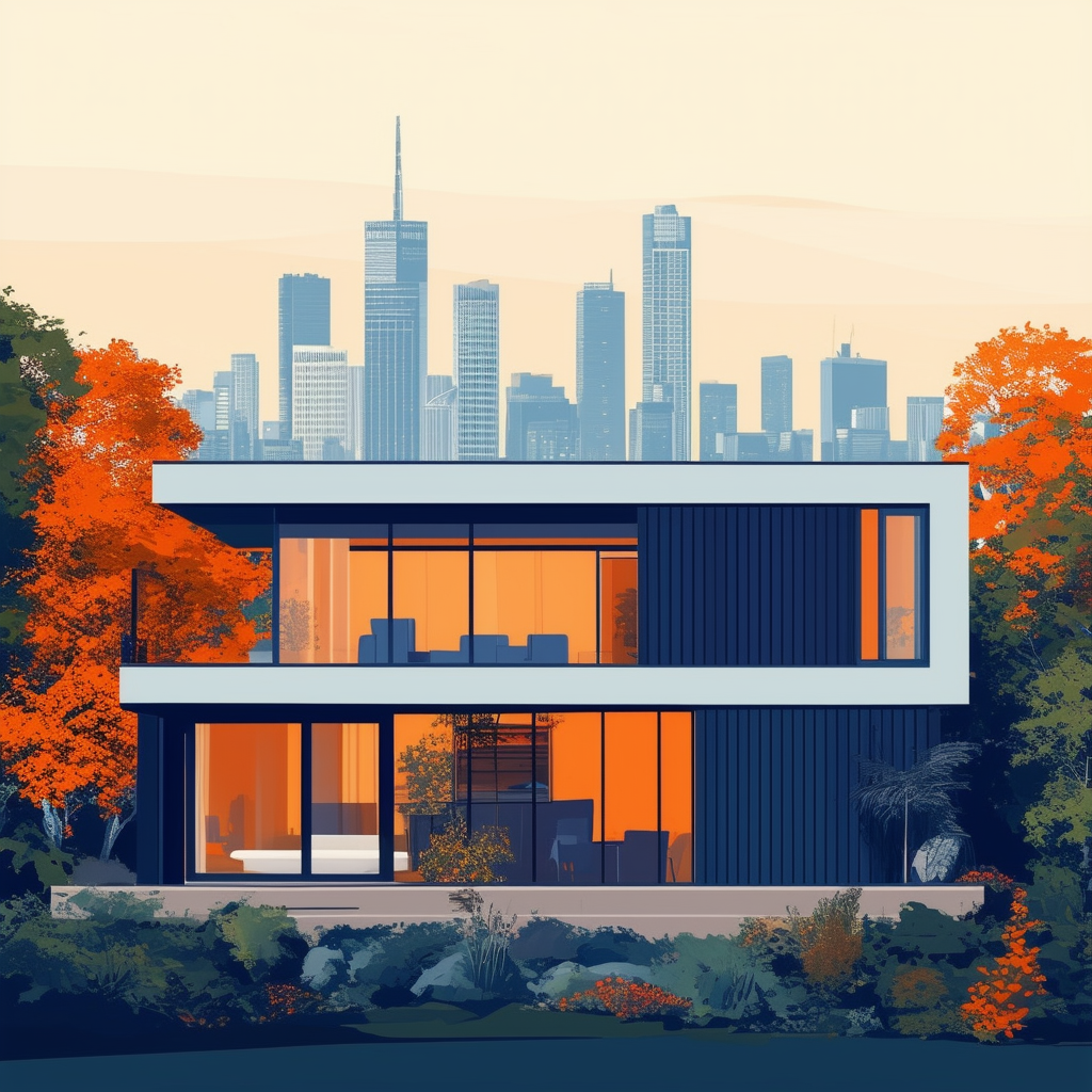 Modern house with Frankfurt skyline view surrounded by lush greenery conveying success and prosperity through innovative design elements vibrant colors: White ffffff Orange ec6707 Blue 1398f8 Dark Gray 595857 Light Gray a6a7a8.